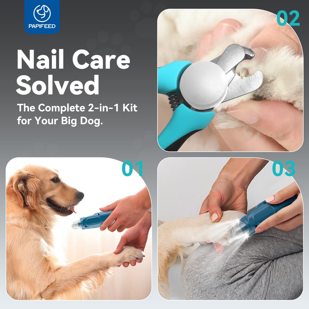 Dog Nail Grinder, Pet Nail Grinder with 6 Speeds Quiet Motor, LED Light and Dust Collection, Rechargeable Dog Nail Trimmer for Small Medium Large Dogs Cats, Type-C Grooming Kit