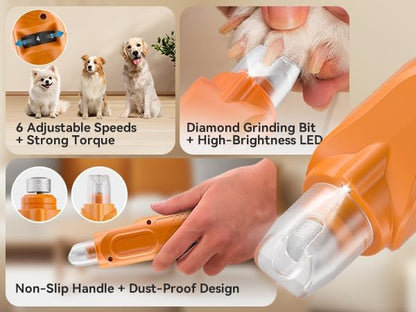 Dog Nail Grinder, Pet Nail Grinder with 6 Speeds Quiet Motor, LED Light and Dust Collection, Rechargeable Dog Nail Trimmer for Small Medium Large Dogs Cats, Type-C Grooming Kit