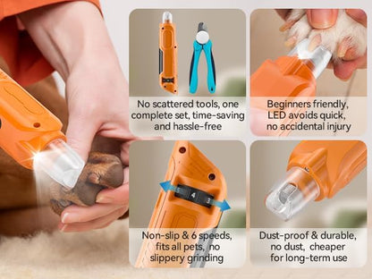 Dog Nail Grinder, Pet Nail Grinder with 6 Speeds Quiet Motor, LED Light and Dust Collection, Rechargeable Dog Nail Trimmer for Small Medium Large Dogs Cats, Type-C Grooming Kit