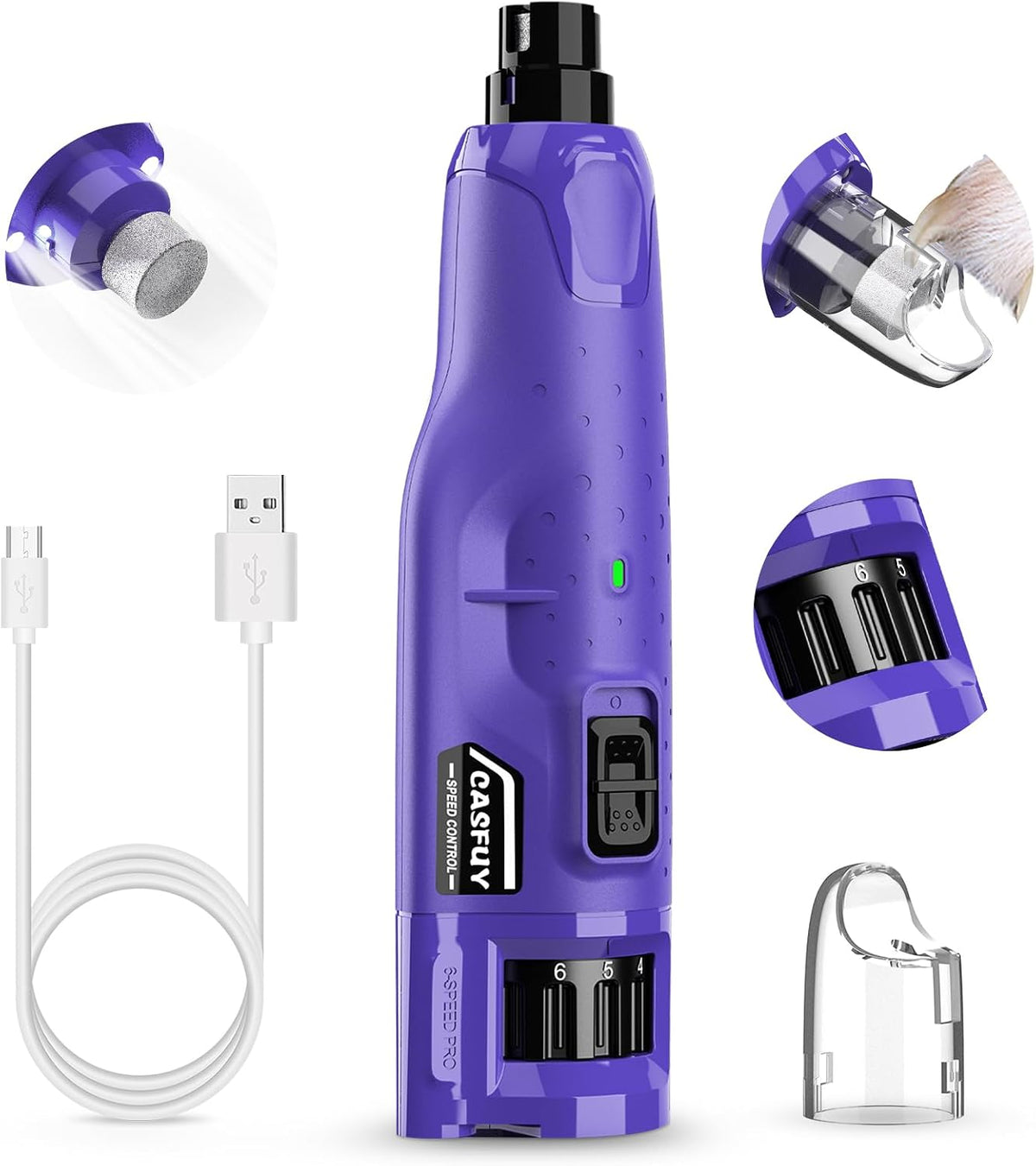 Dog Nail Grinder Quiet - (45db) 6-Speed Pet Nail Grinder with 2 LED Lights for Large Medium Small Puppy Dogs/Cats, Professional 3 Ports Rechargeable Electric Dog Nail Trimmer with Dust Cap