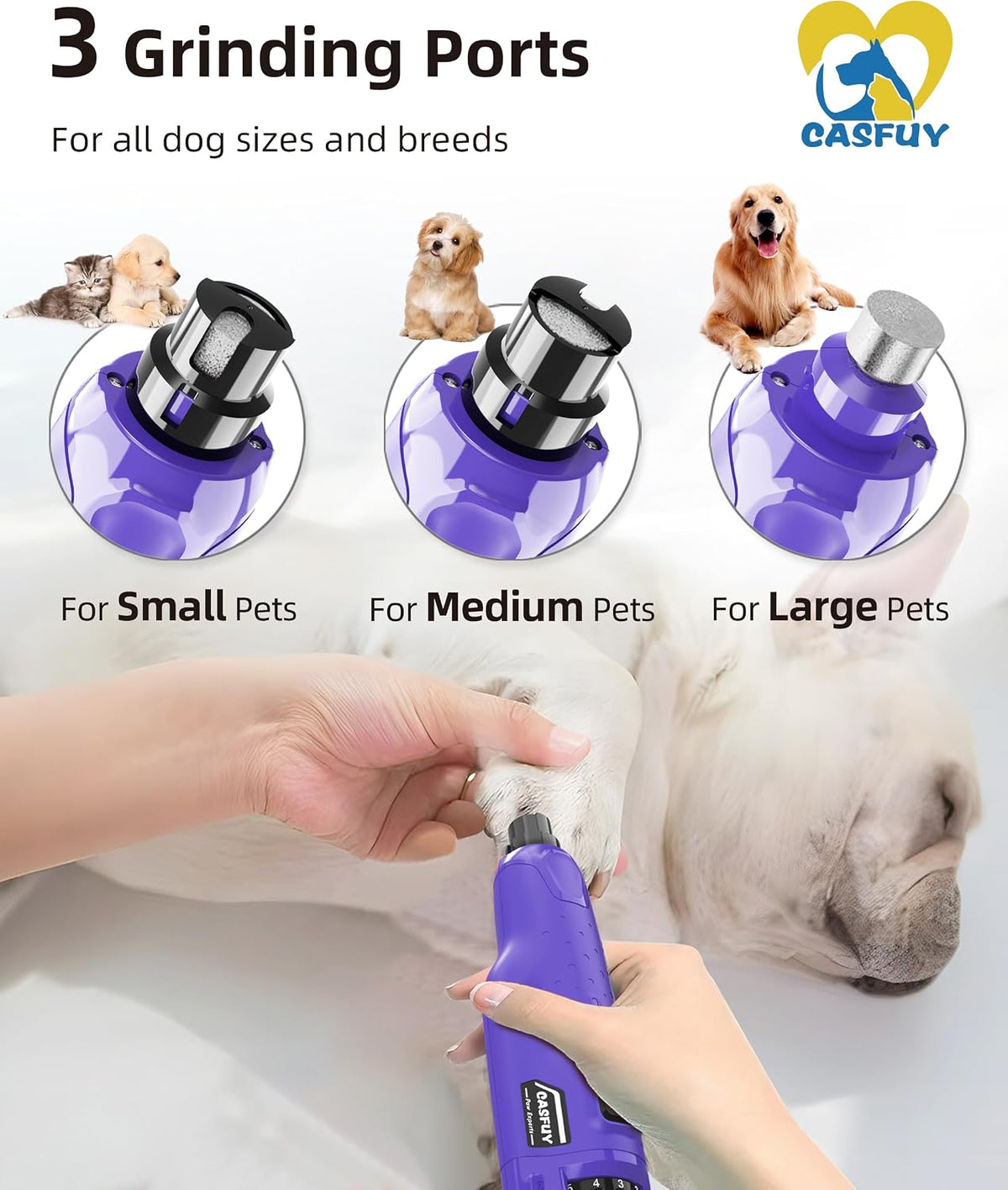 Dog Nail Grinder Quiet - (45db) 6-Speed Pet Nail Grinder with 2 LED Lights for Large Medium Small Puppy Dogs/Cats, Professional 3 Ports Rechargeable Electric Dog Nail Trimmer with Dust Cap