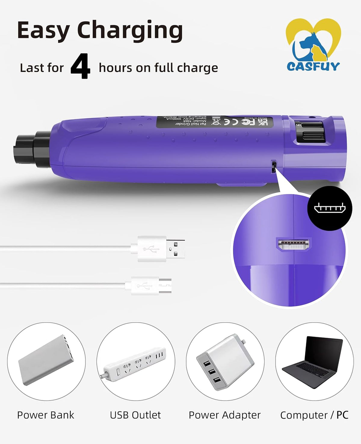 Dog Nail Grinder Quiet - (45db) 6-Speed Pet Nail Grinder with 2 LED Lights for Large Medium Small Puppy Dogs/Cats, Professional 3 Ports Rechargeable Electric Dog Nail Trimmer with Dust Cap