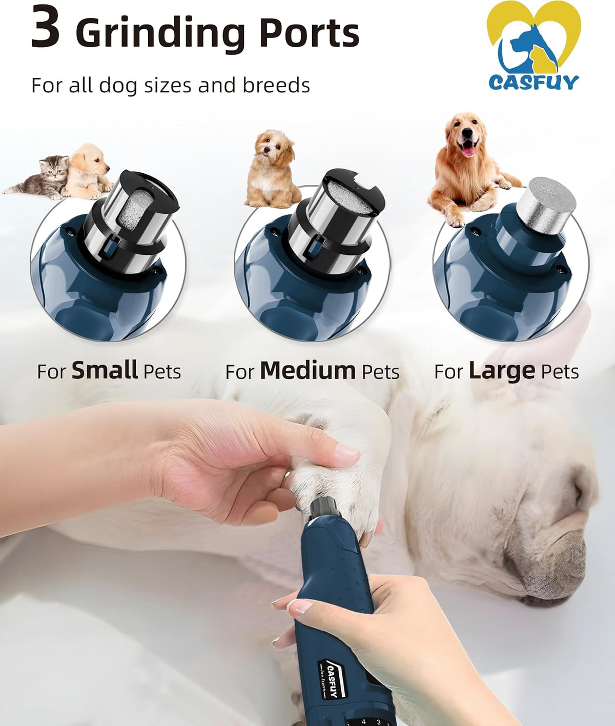 Dog Nail Grinder Quiet - (45db) 6-Speed Pet Nail Grinder with 2 LED Lights for Large Medium Small Puppy Dogs/Cats, Professional 3 Ports Rechargeable Electric Dog Nail Trimmer with Dust Cap