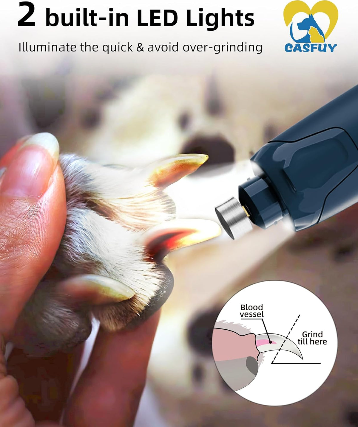 Dog Nail Grinder Quiet - (45db) 6-Speed Pet Nail Grinder with 2 LED Lights for Large Medium Small Puppy Dogs/Cats, Professional 3 Ports Rechargeable Electric Dog Nail Trimmer with Dust Cap