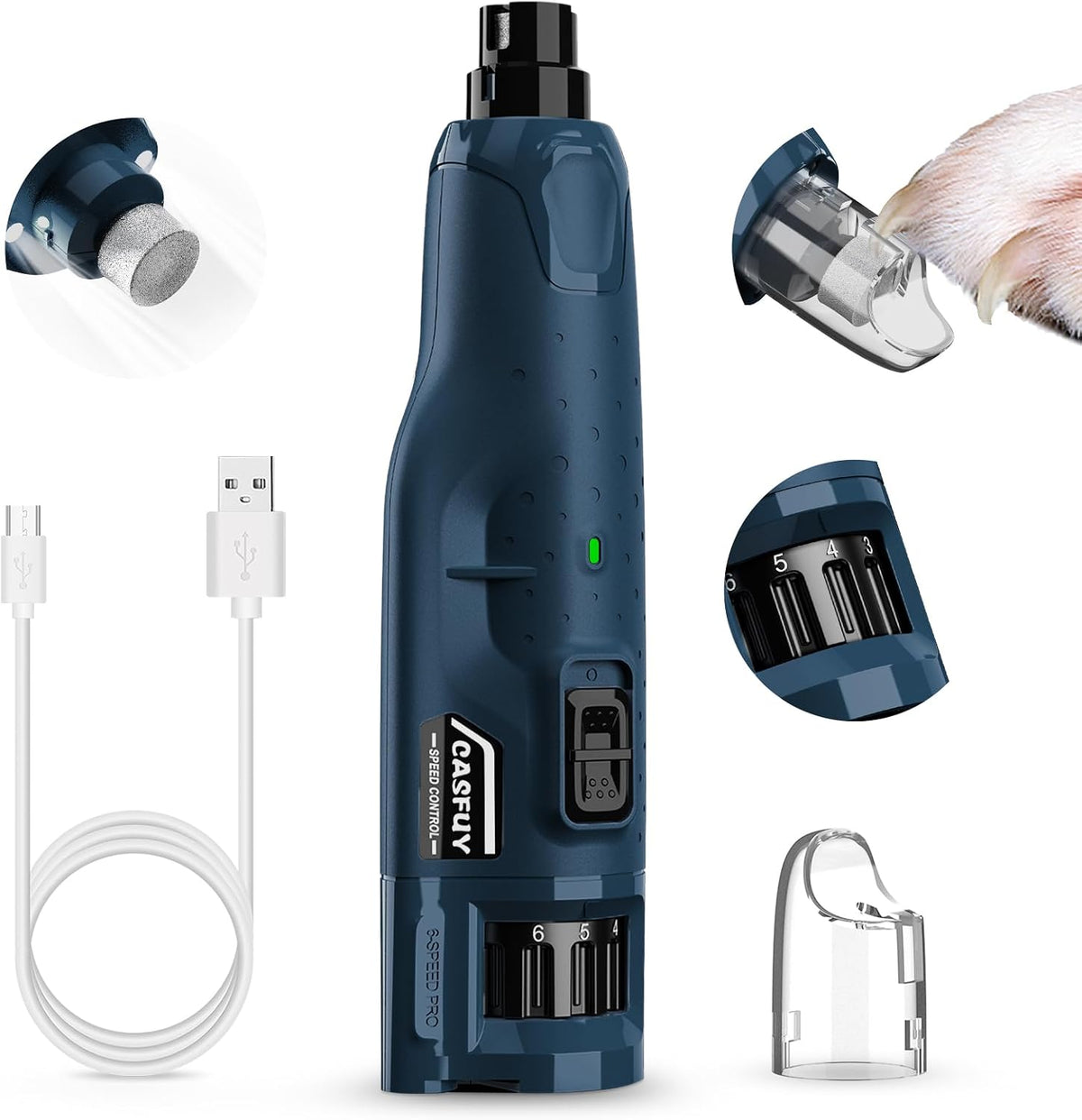 Dog Nail Grinder Quiet - (45db) 6-Speed Pet Nail Grinder with 2 LED Lights for Large Medium Small Puppy Dogs/Cats, Professional 3 Ports Rechargeable Electric Dog Nail Trimmer with Dust Cap