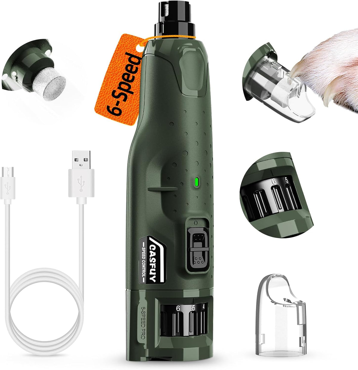 Dog Nail Grinder Quiet - (45db) 6-Speed Pet Nail Grinder with 2 LED Lights for Large Medium Small Puppy Dogs/Cats, Professional 3 Ports Rechargeable Electric Dog Nail Trimmer with Dust Cap