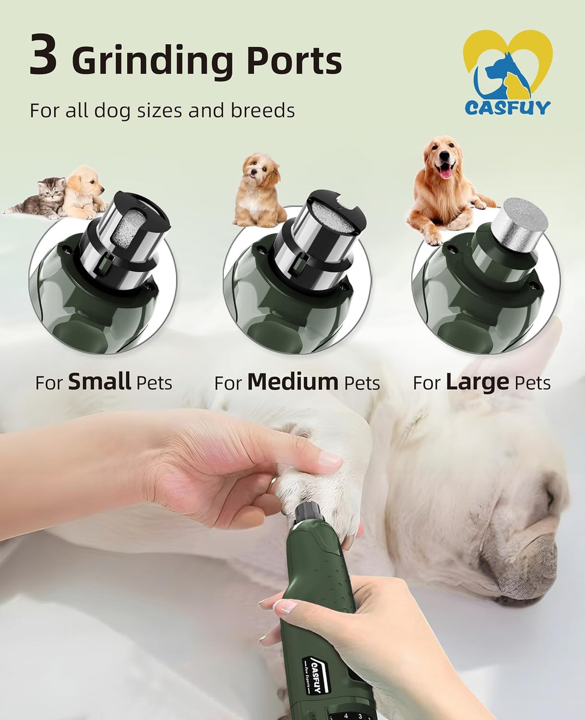 Dog Nail Grinder Quiet - (45db) 6-Speed Pet Nail Grinder with 2 LED Lights for Large Medium Small Puppy Dogs/Cats, Professional 3 Ports Rechargeable Electric Dog Nail Trimmer with Dust Cap