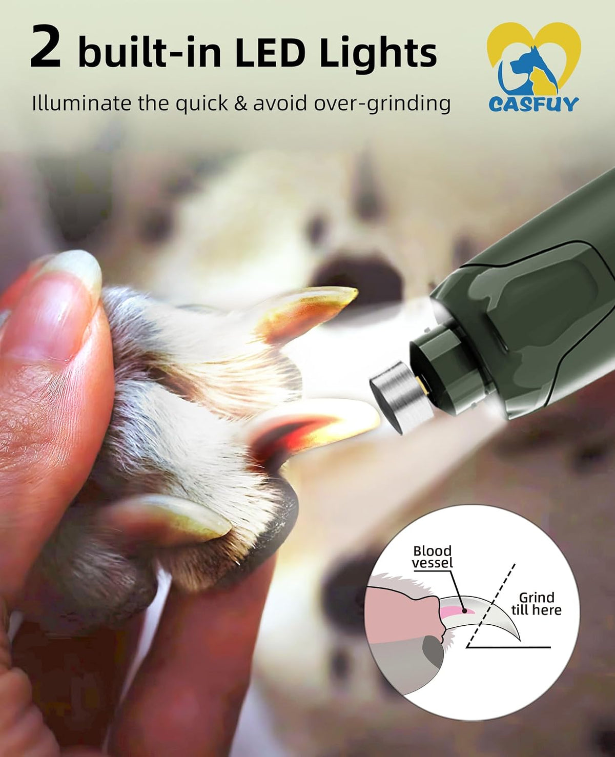 Dog Nail Grinder Quiet - (45db) 6-Speed Pet Nail Grinder with 2 LED Lights for Large Medium Small Puppy Dogs/Cats, Professional 3 Ports Rechargeable Electric Dog Nail Trimmer with Dust Cap