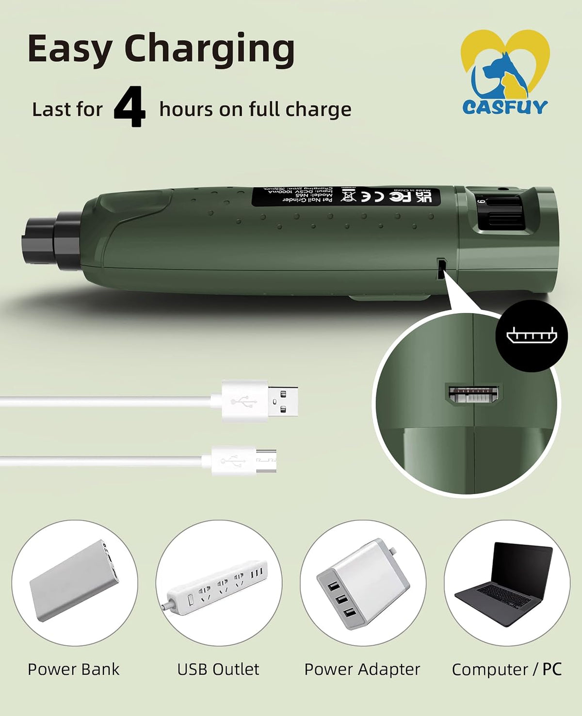 Dog Nail Grinder Quiet - (45db) 6-Speed Pet Nail Grinder with 2 LED Lights for Large Medium Small Puppy Dogs/Cats, Professional 3 Ports Rechargeable Electric Dog Nail Trimmer with Dust Cap
