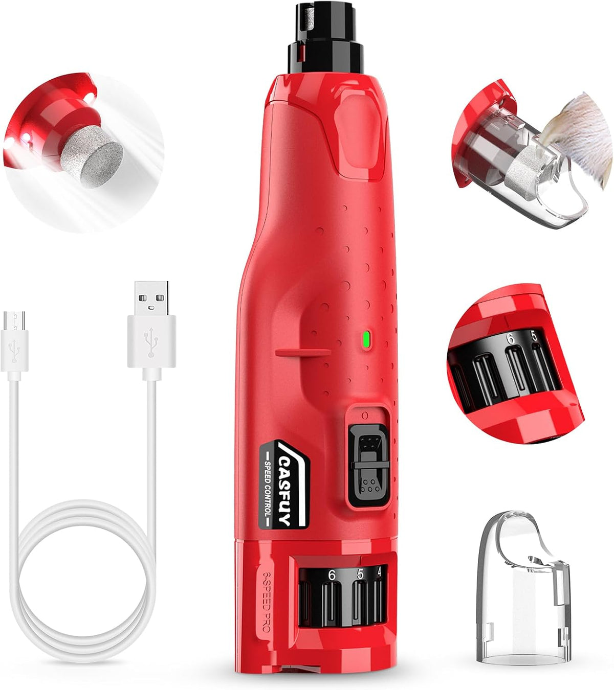 Dog Nail Grinder Quiet - (45db) 6-Speed Pet Nail Grinder with 2 LED Lights for Large Medium Small Puppy Dogs/Cats, Professional 3 Ports Rechargeable Electric Dog Nail Trimmer with Dust Cap