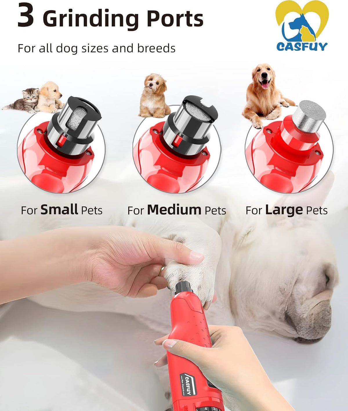 Dog Nail Grinder Quiet - (45db) 6-Speed Pet Nail Grinder with 2 LED Lights for Large Medium Small Puppy Dogs/Cats, Professional 3 Ports Rechargeable Electric Dog Nail Trimmer with Dust Cap
