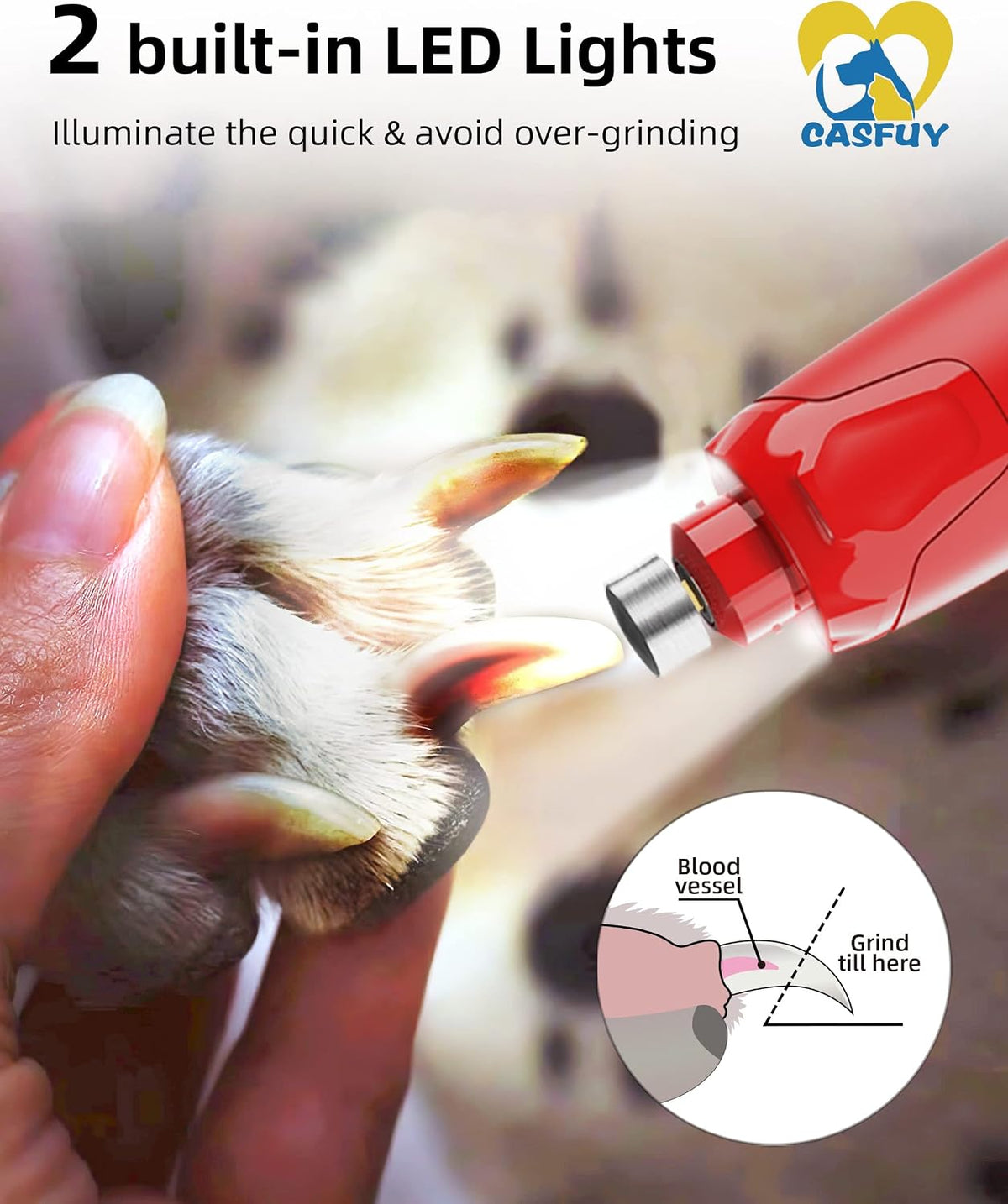 Dog Nail Grinder Quiet - (45db) 6-Speed Pet Nail Grinder with 2 LED Lights for Large Medium Small Puppy Dogs/Cats, Professional 3 Ports Rechargeable Electric Dog Nail Trimmer with Dust Cap