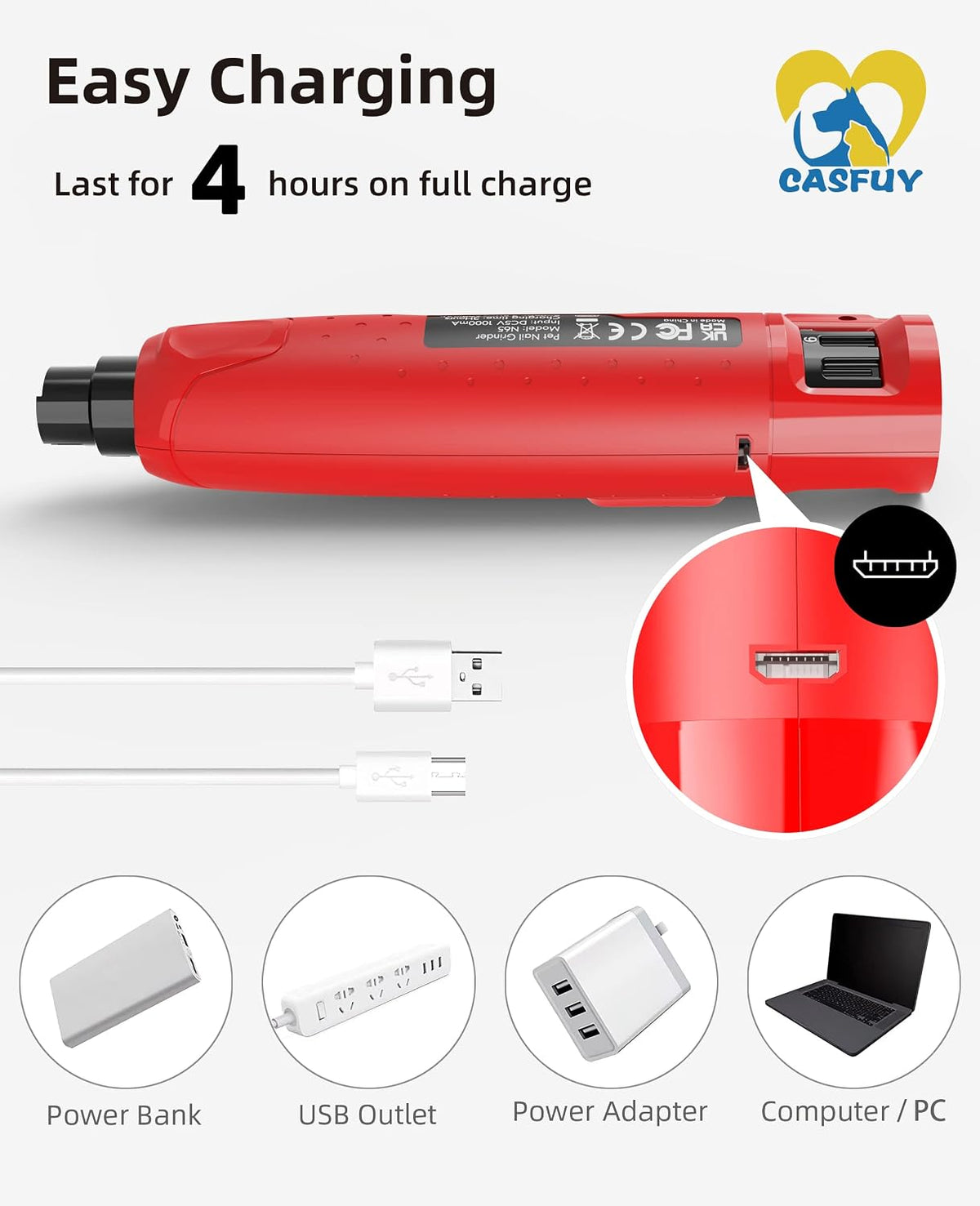 Dog Nail Grinder Quiet - (45db) 6-Speed Pet Nail Grinder with 2 LED Lights for Large Medium Small Puppy Dogs/Cats, Professional 3 Ports Rechargeable Electric Dog Nail Trimmer with Dust Cap