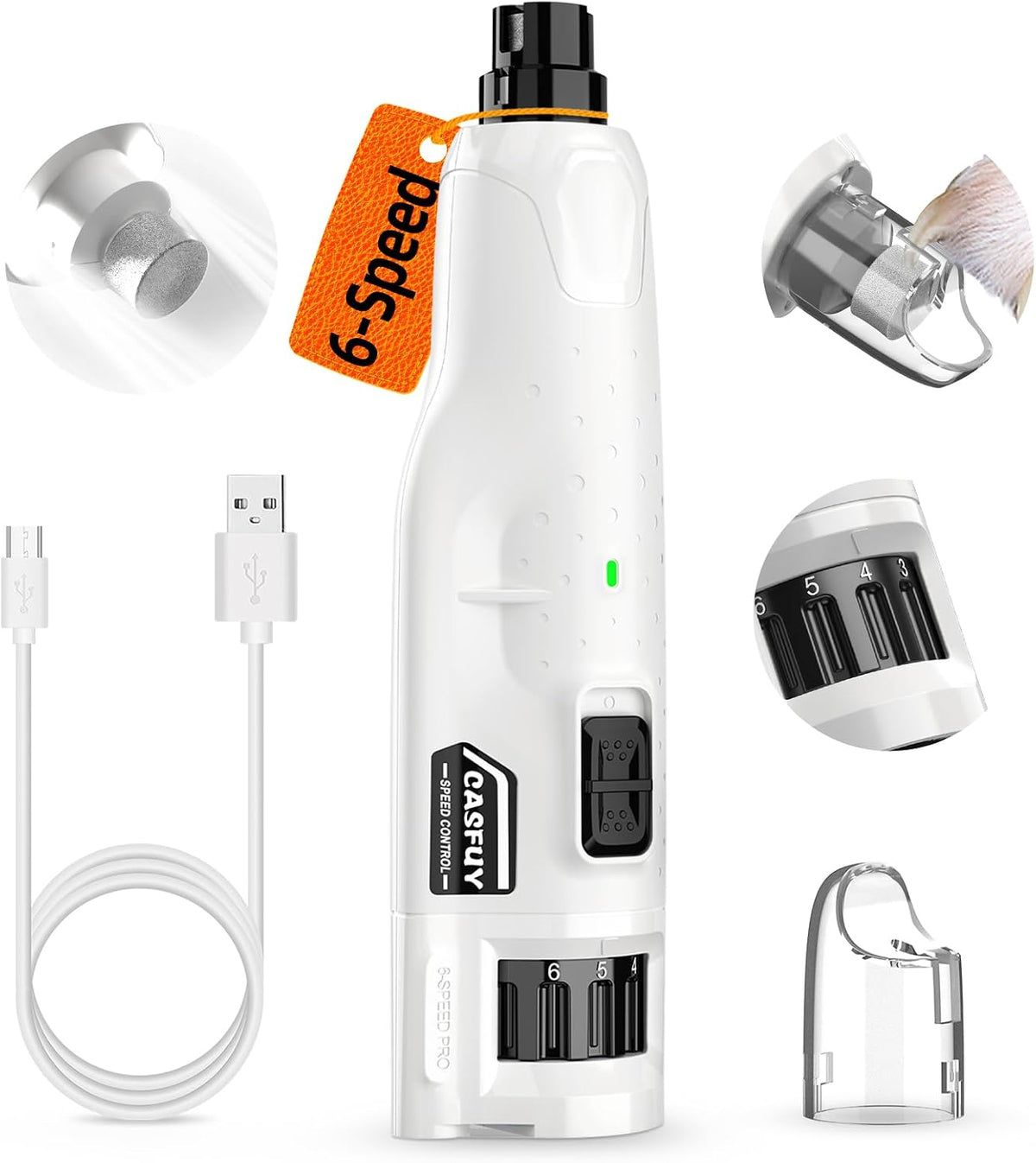 Dog Nail Grinder Quiet - (45db) 6-Speed Pet Nail Grinder with 2 LED Lights for Large Medium Small Puppy Dogs/Cats, Professional 3 Ports Rechargeable Electric Dog Nail Trimmer with Dust Cap