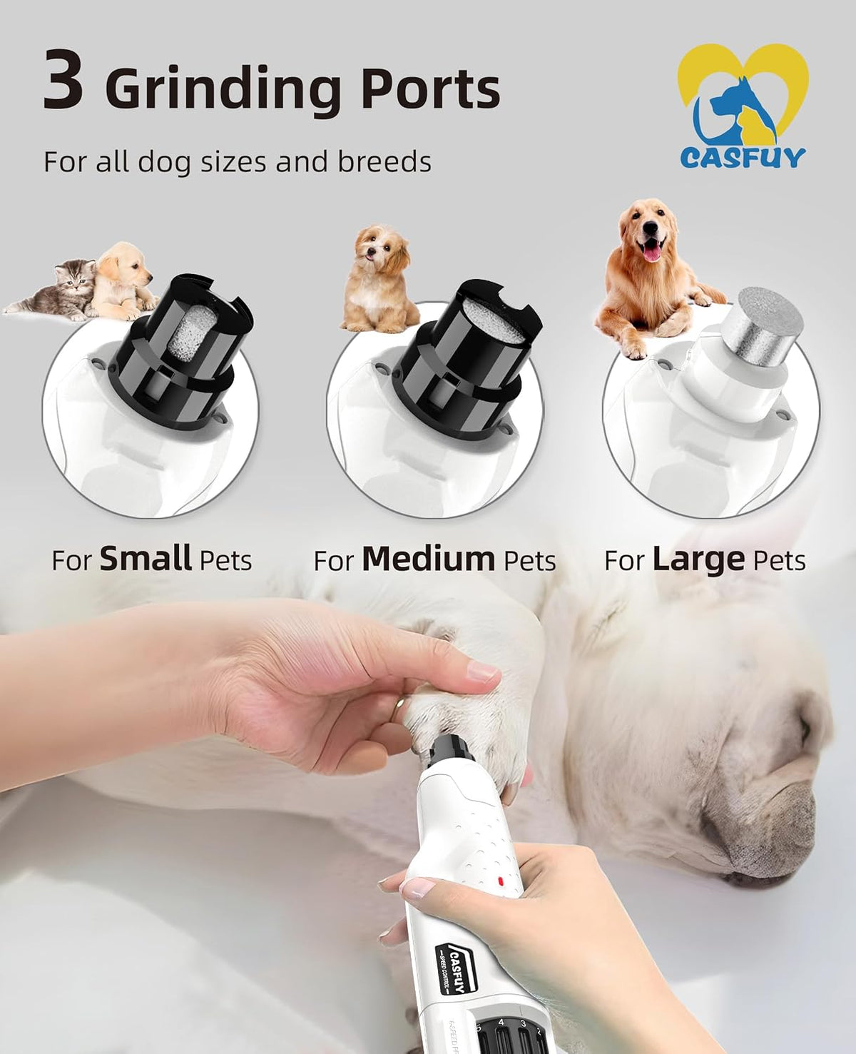 Dog Nail Grinder Quiet - (45db) 6-Speed Pet Nail Grinder with 2 LED Lights for Large Medium Small Puppy Dogs/Cats, Professional 3 Ports Rechargeable Electric Dog Nail Trimmer with Dust Cap