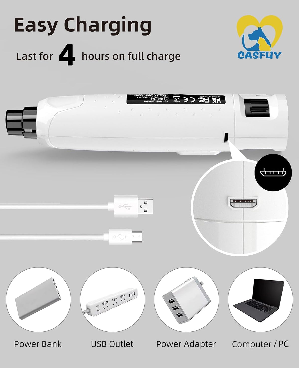 Dog Nail Grinder Quiet - (45db) 6-Speed Pet Nail Grinder with 2 LED Lights for Large Medium Small Puppy Dogs/Cats, Professional 3 Ports Rechargeable Electric Dog Nail Trimmer with Dust Cap