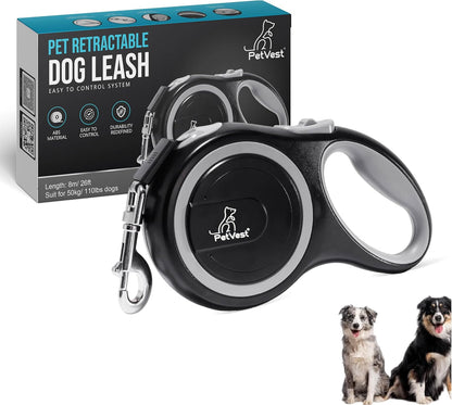 Retractable Dog Leash – Extendable up to 26 FT, Heavy Duty Nylon Tape, No-Tangle, One-Handed Brake & Lock, for Small to X-Large Dogs up to 110 lbs (Black)