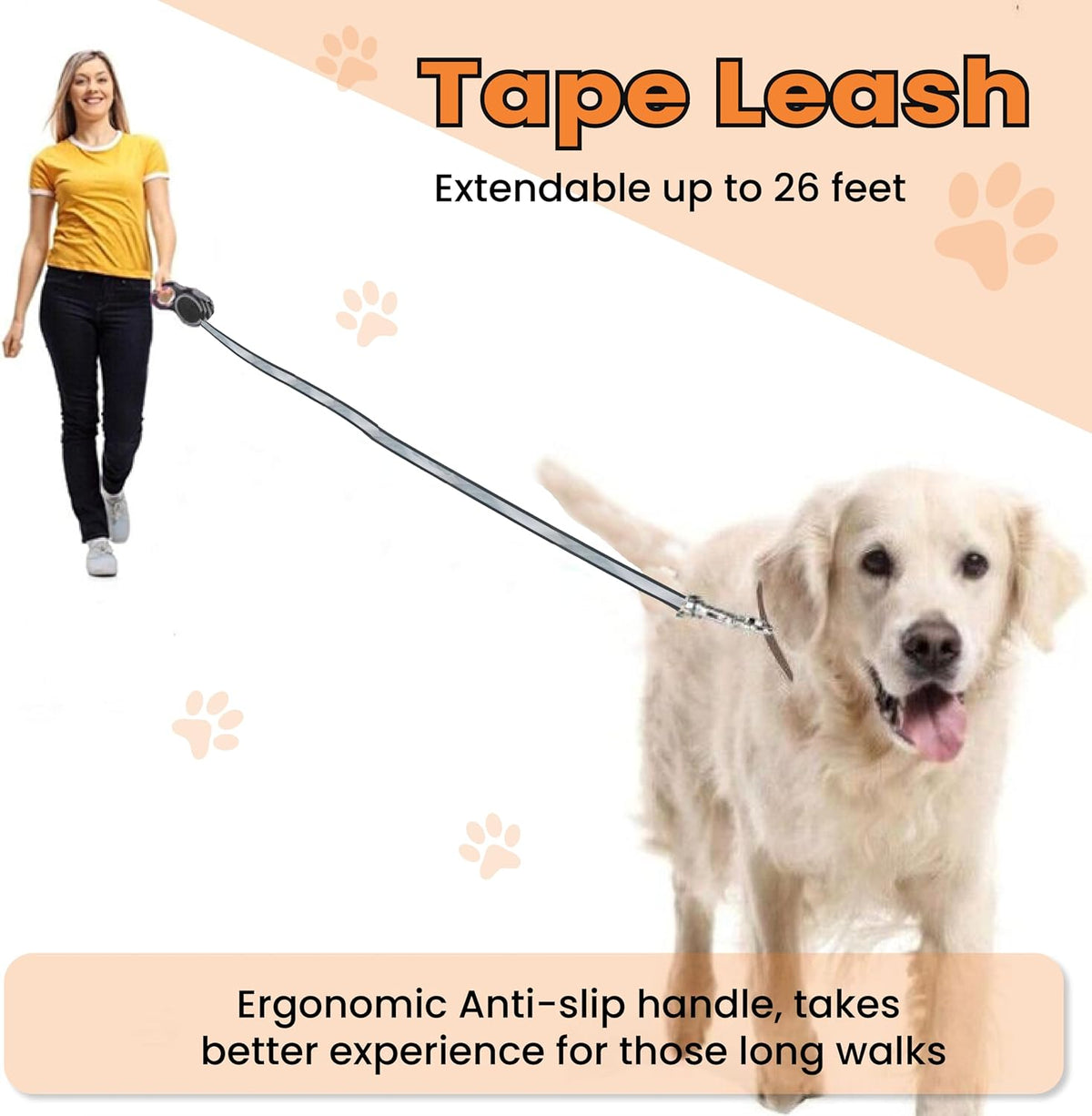 Retractable Dog Leash – Extendable up to 26 FT, Heavy Duty Nylon Tape, No-Tangle, One-Handed Brake & Lock, for Small to X-Large Dogs up to 110 lbs (Black)