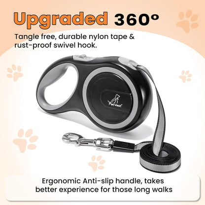 Retractable Dog Leash – Extendable up to 26 FT, Heavy Duty Nylon Tape, No-Tangle, One-Handed Brake & Lock, for Small to X-Large Dogs up to 110 lbs (Black)