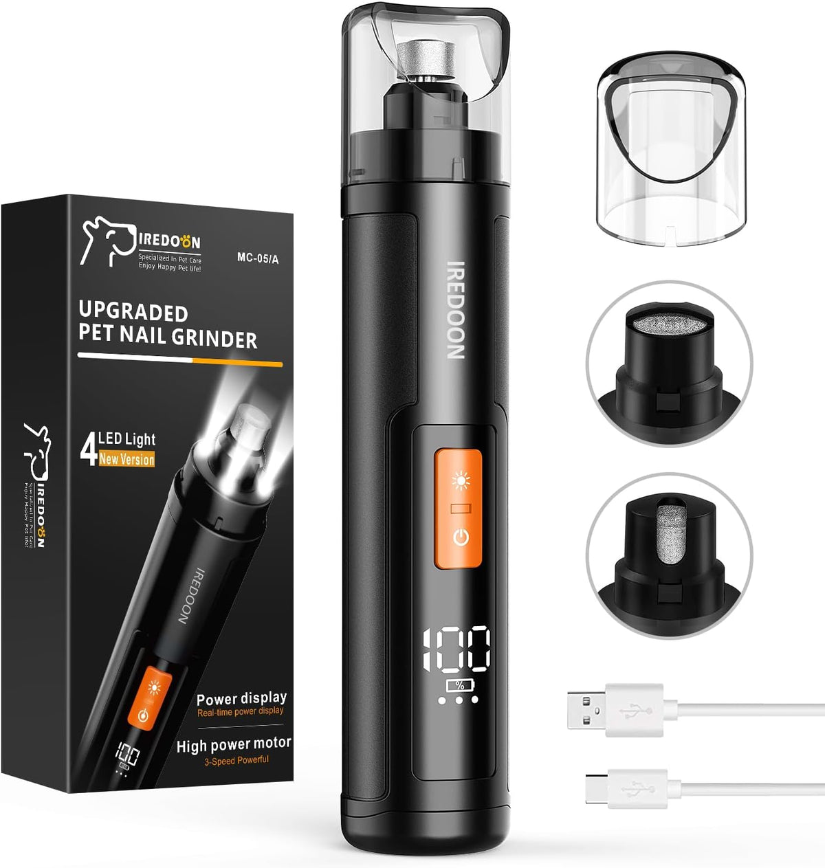 Dog Nail Grinder with 4 LED Lights, 3 Speeds Super Quiet for Pets