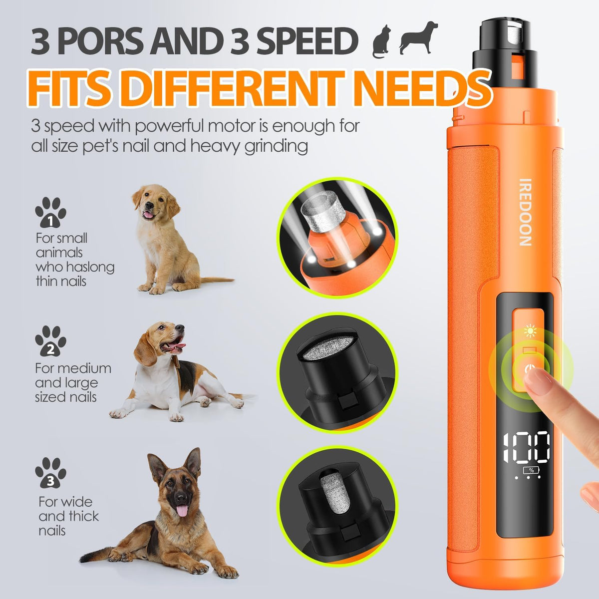 Dog Nail Grinder with 4 LED Lights, 3 Speeds Super Quiet for Pets