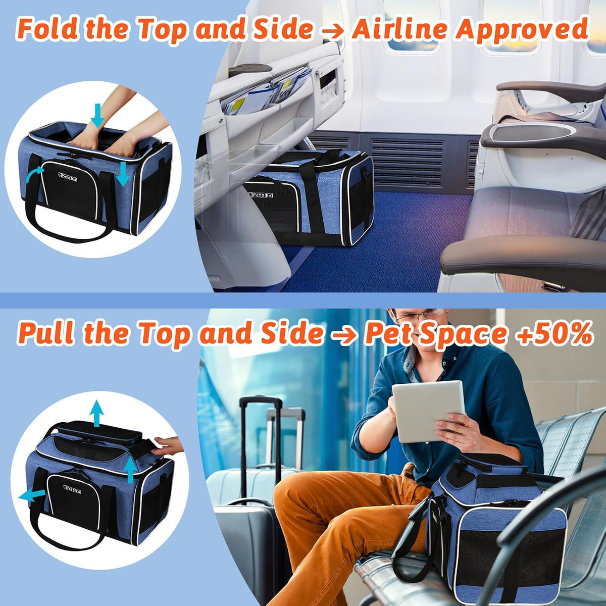 Top and Side Expandable Small Pet Carrier Airline Approved, Blue