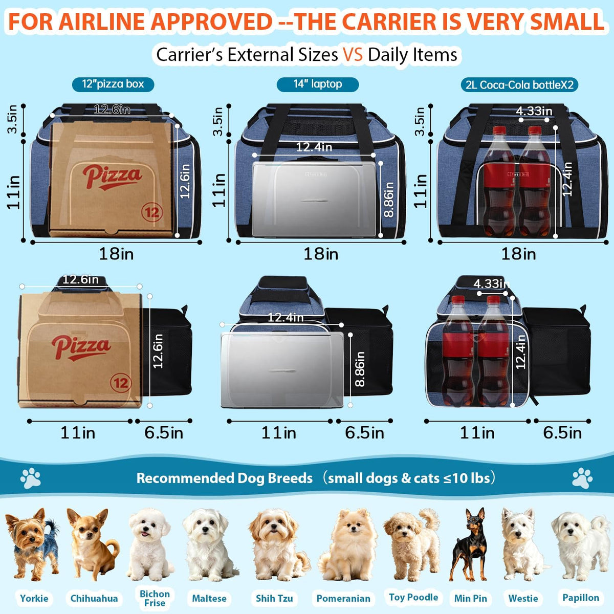 Top and Side Expandable Small Pet Carrier Airline Approved, Blue