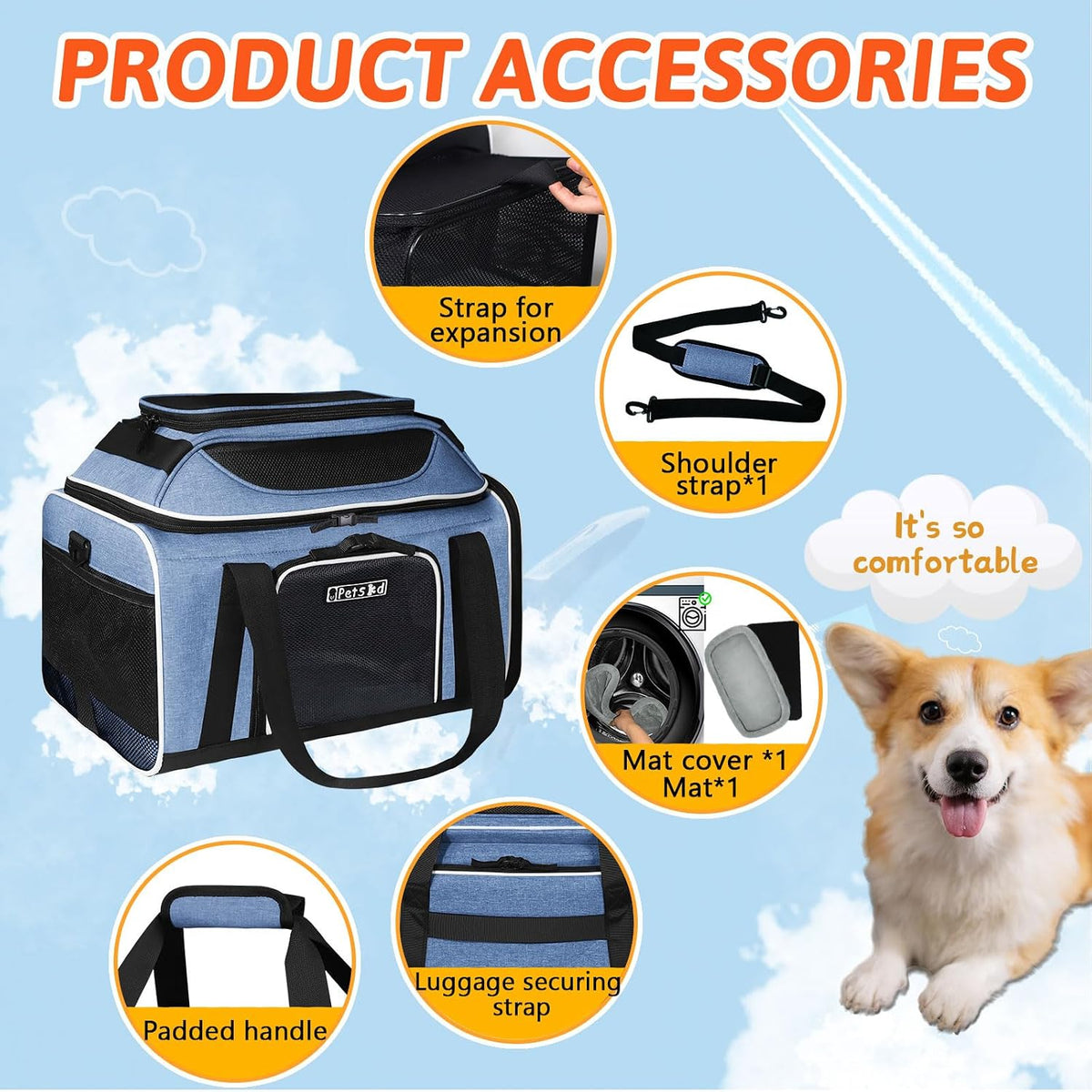 Top and Side Expandable Small Pet Carrier Airline Approved, Blue