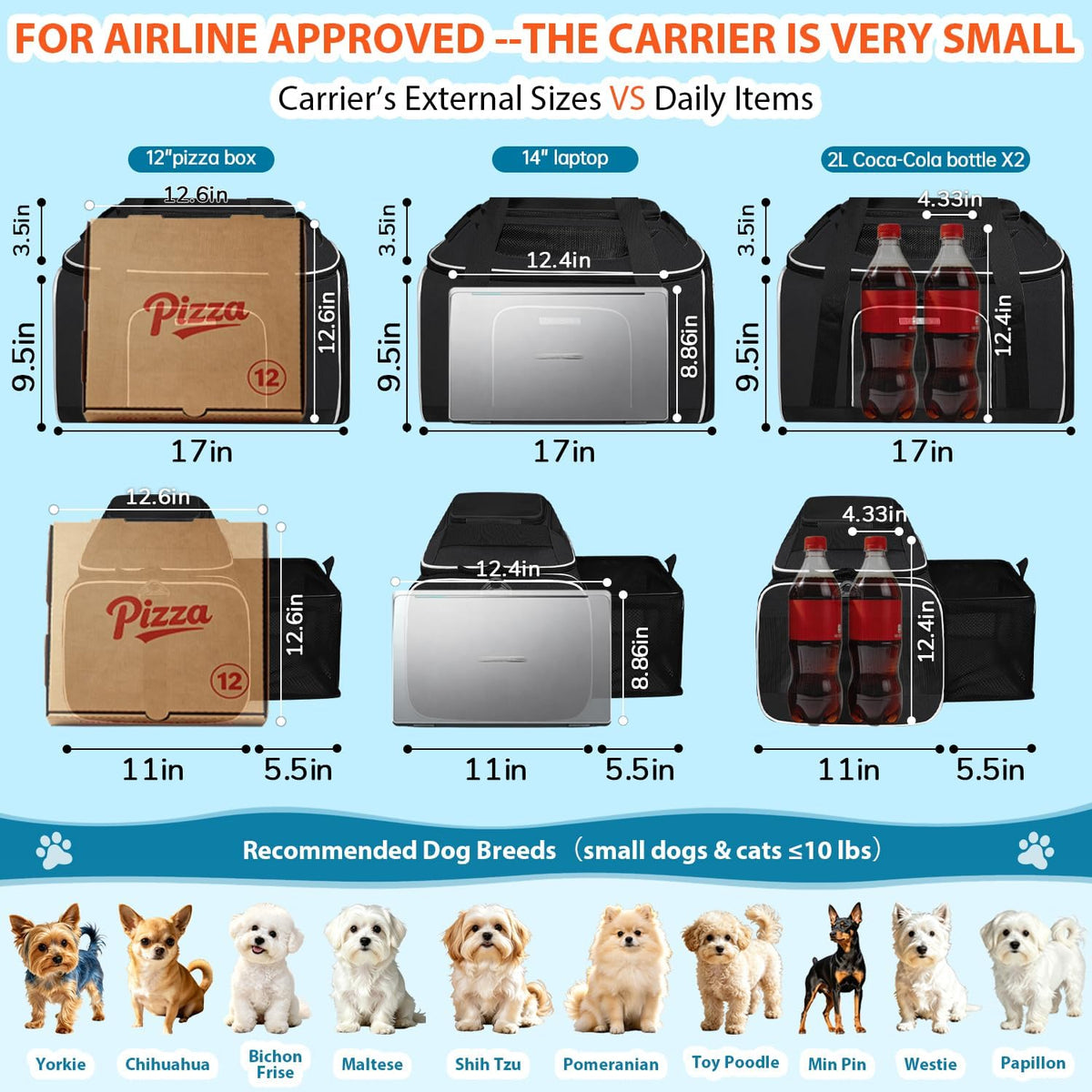 Top and Side Expandable Small Pet Carrier Airline Approved, Blue