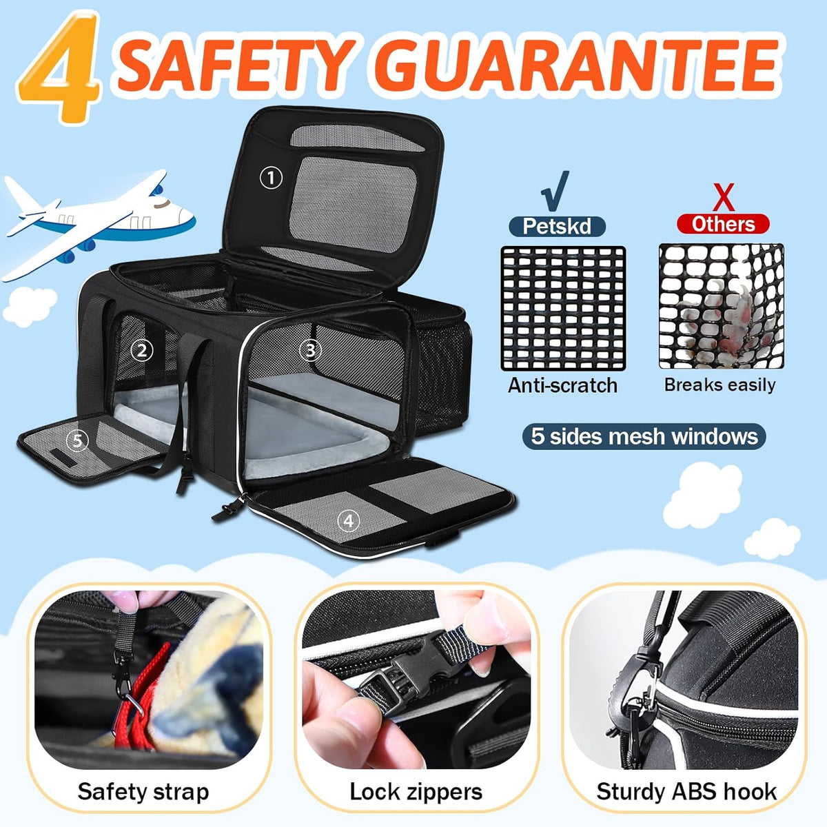 Top and Side Expandable Small Pet Carrier Airline Approved, Blue