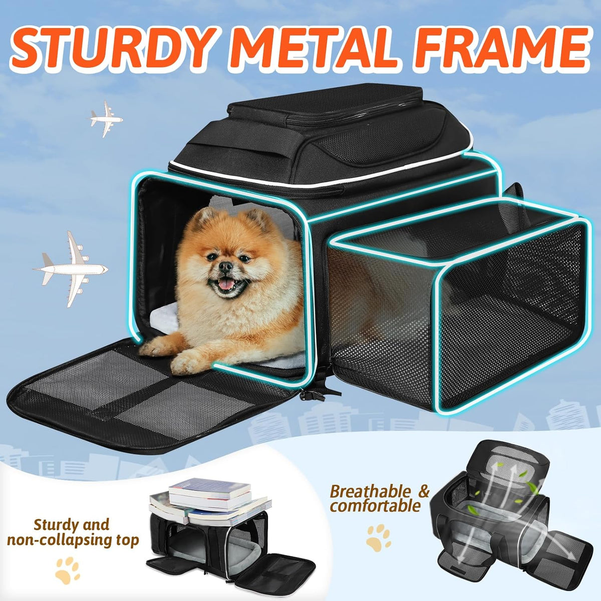 Top and Side Expandable Small Pet Carrier Airline Approved, Blue