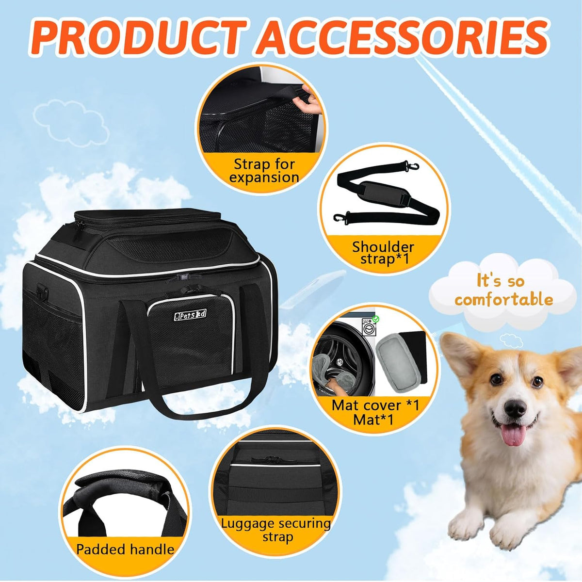 Top and Side Expandable Small Pet Carrier Airline Approved, Blue