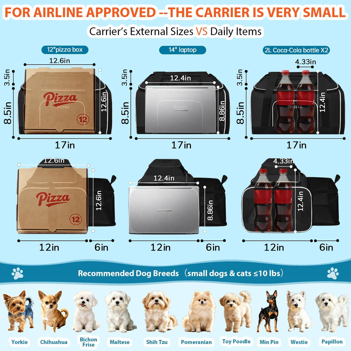 Top and Side Expandable Small Pet Carrier Airline Approved, Blue