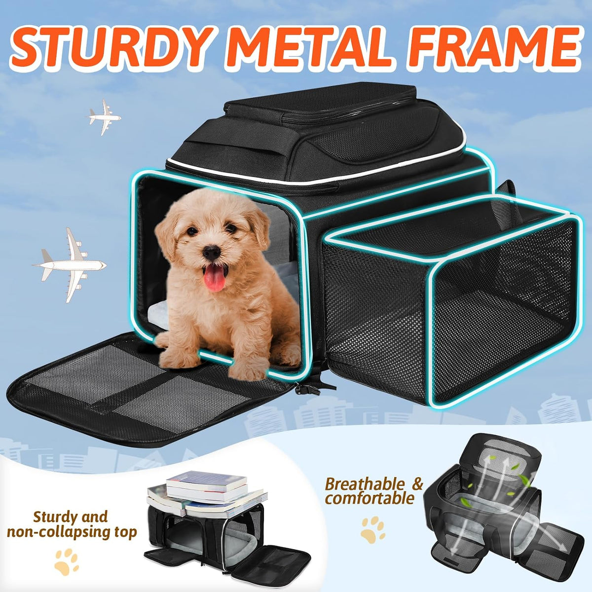 Top and Side Expandable Small Pet Carrier Airline Approved, Blue