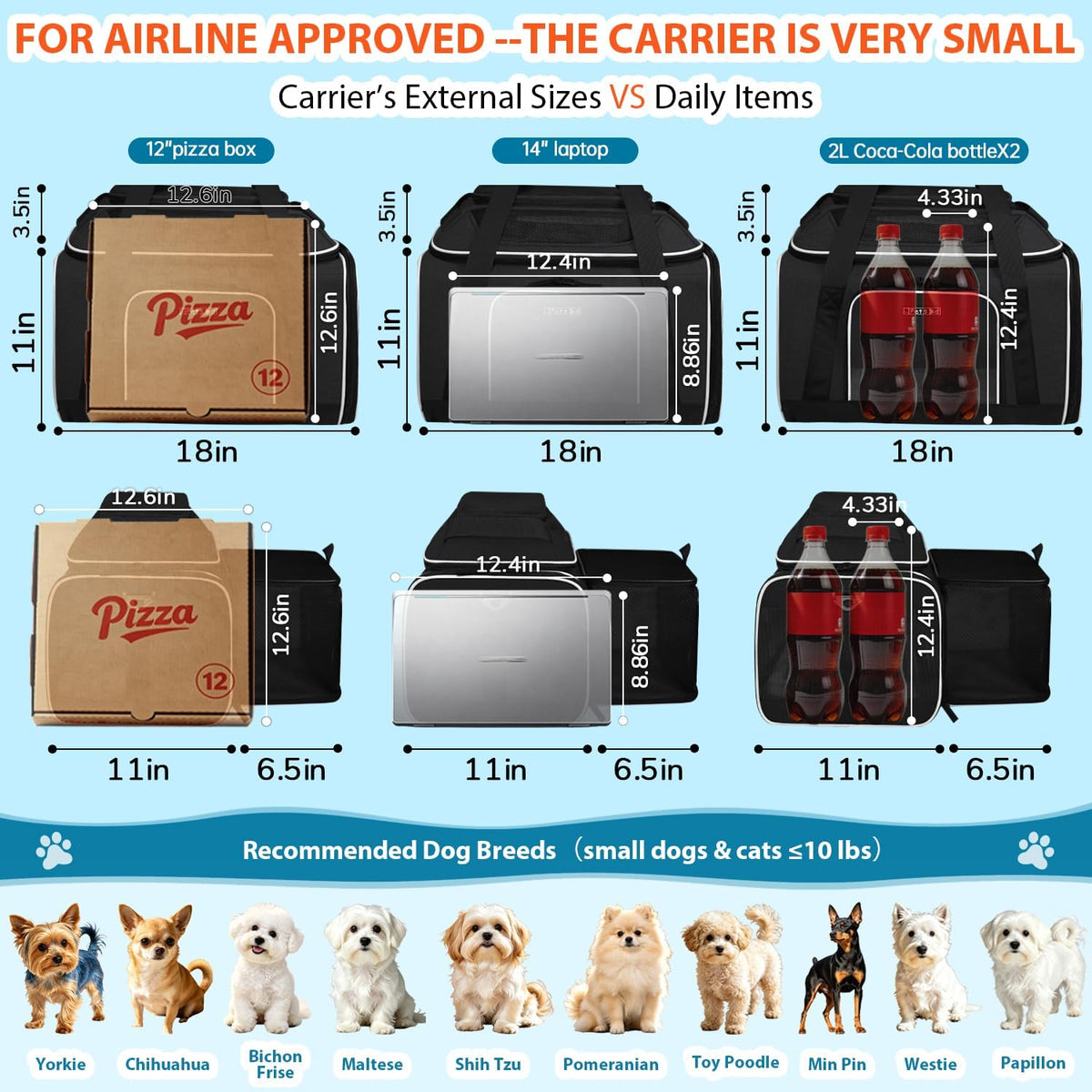 Top and Side Expandable Small Pet Carrier Airline Approved, Blue
