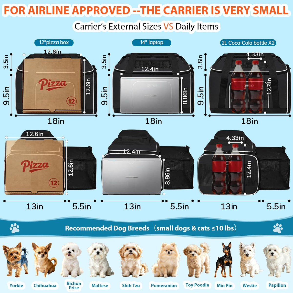 Top and Side Expandable Small Pet Carrier Airline Approved, Blue