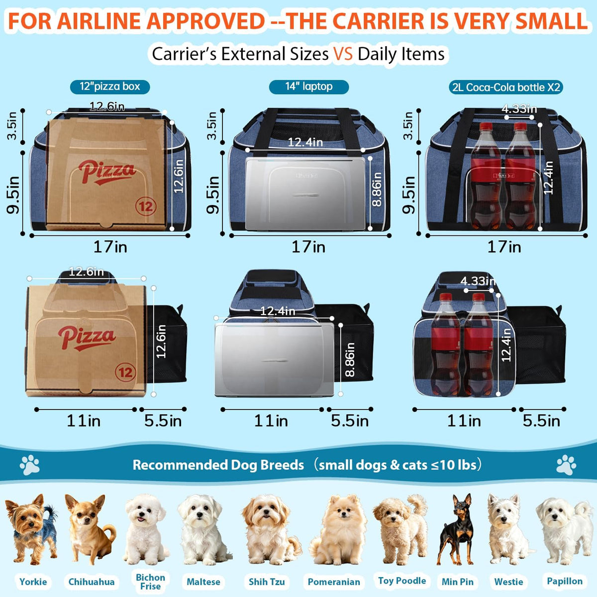 Top and Side Expandable Small Pet Carrier Airline Approved, Blue