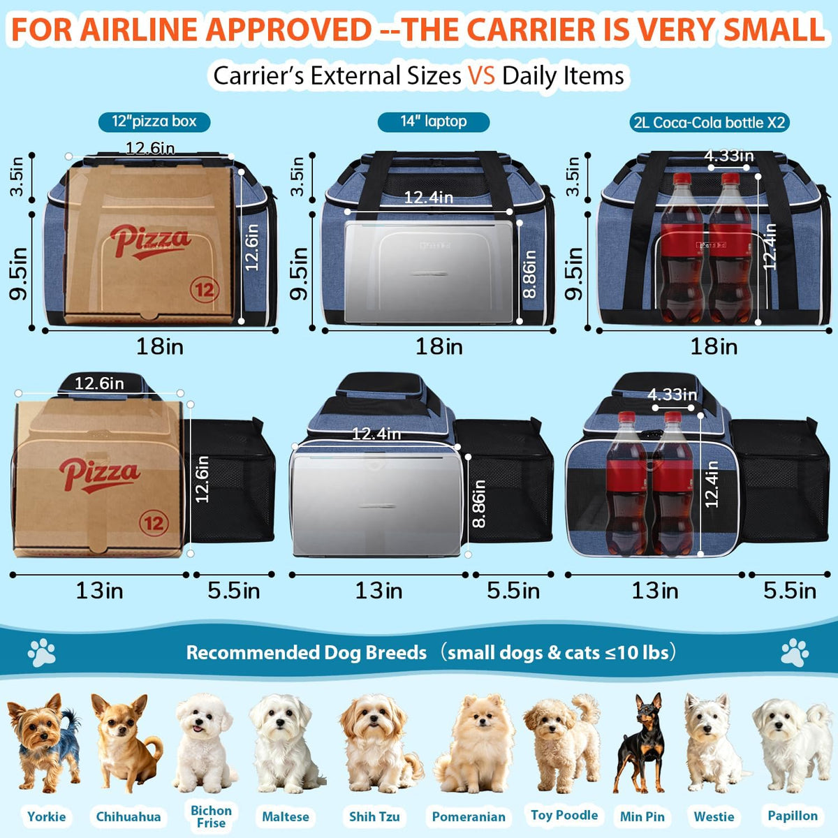 Top and Side Expandable Small Pet Carrier Airline Approved, Blue