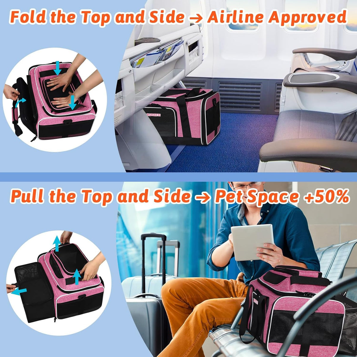 Top and Side Expandable Small Pet Carrier Airline Approved, Blue
