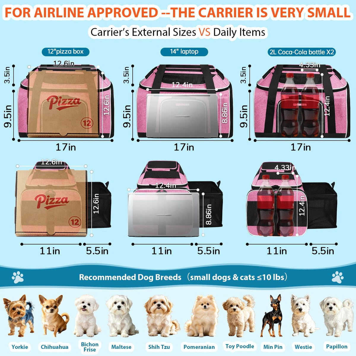Top and Side Expandable Small Pet Carrier Airline Approved, Blue