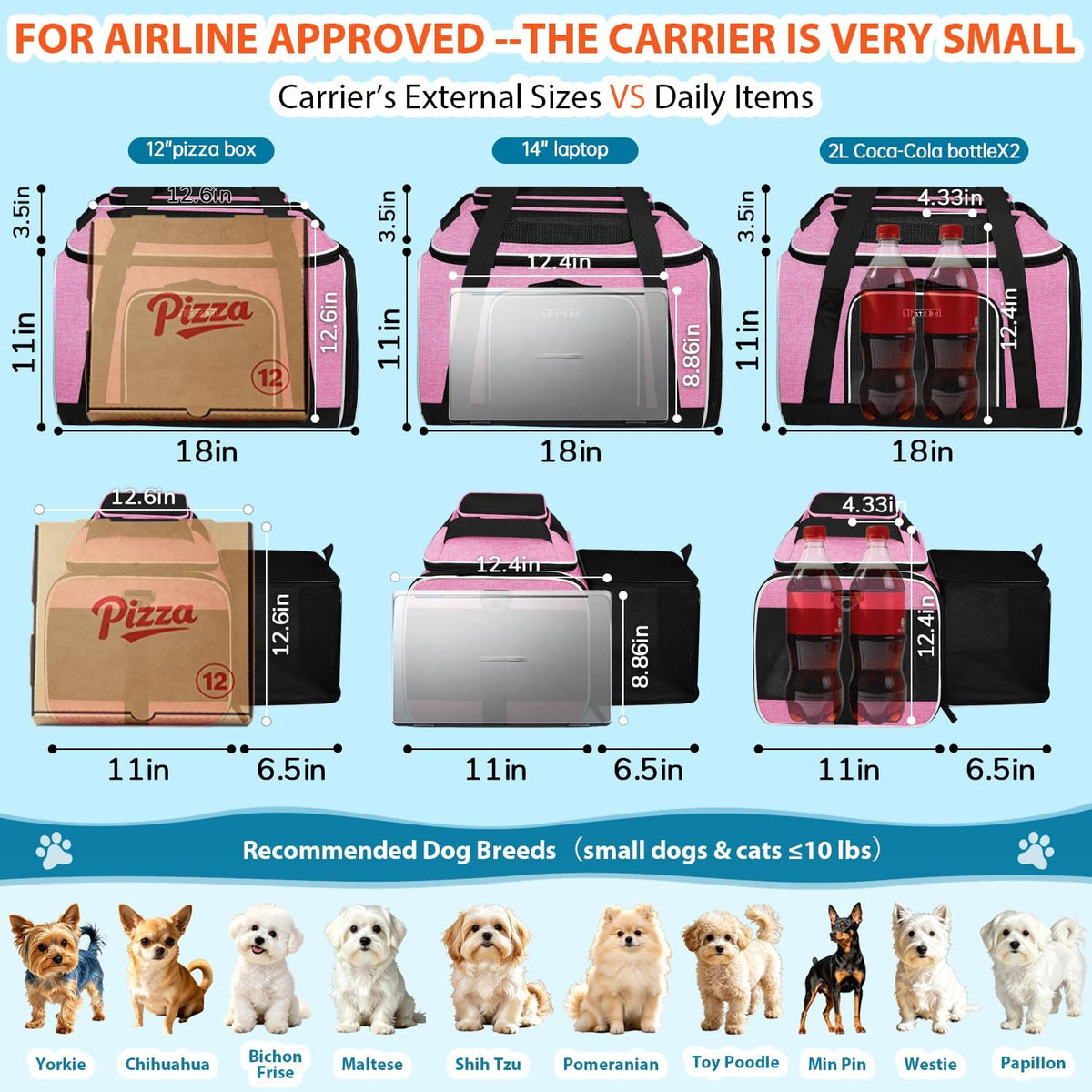 Top and Side Expandable Small Pet Carrier Airline Approved, Blue