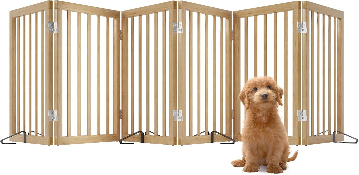Dog Gates for Doorways Stairs, Foldable Freestanding Pet Gate, Dog Fences Indoor, Bamboo Dog Gates (Natural, 18-55" Wide)