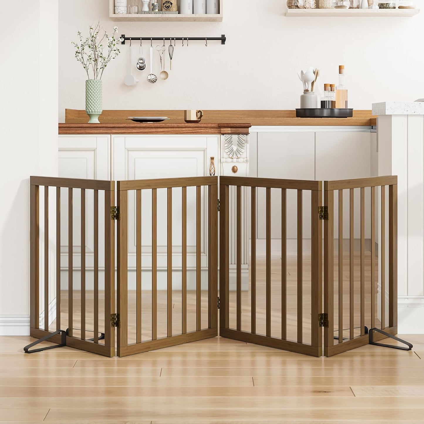Dog Gates for Doorways Stairs, Foldable Freestanding Pet Gate, Dog Fences Indoor, Bamboo Dog Gates (Natural, 18-55" Wide)