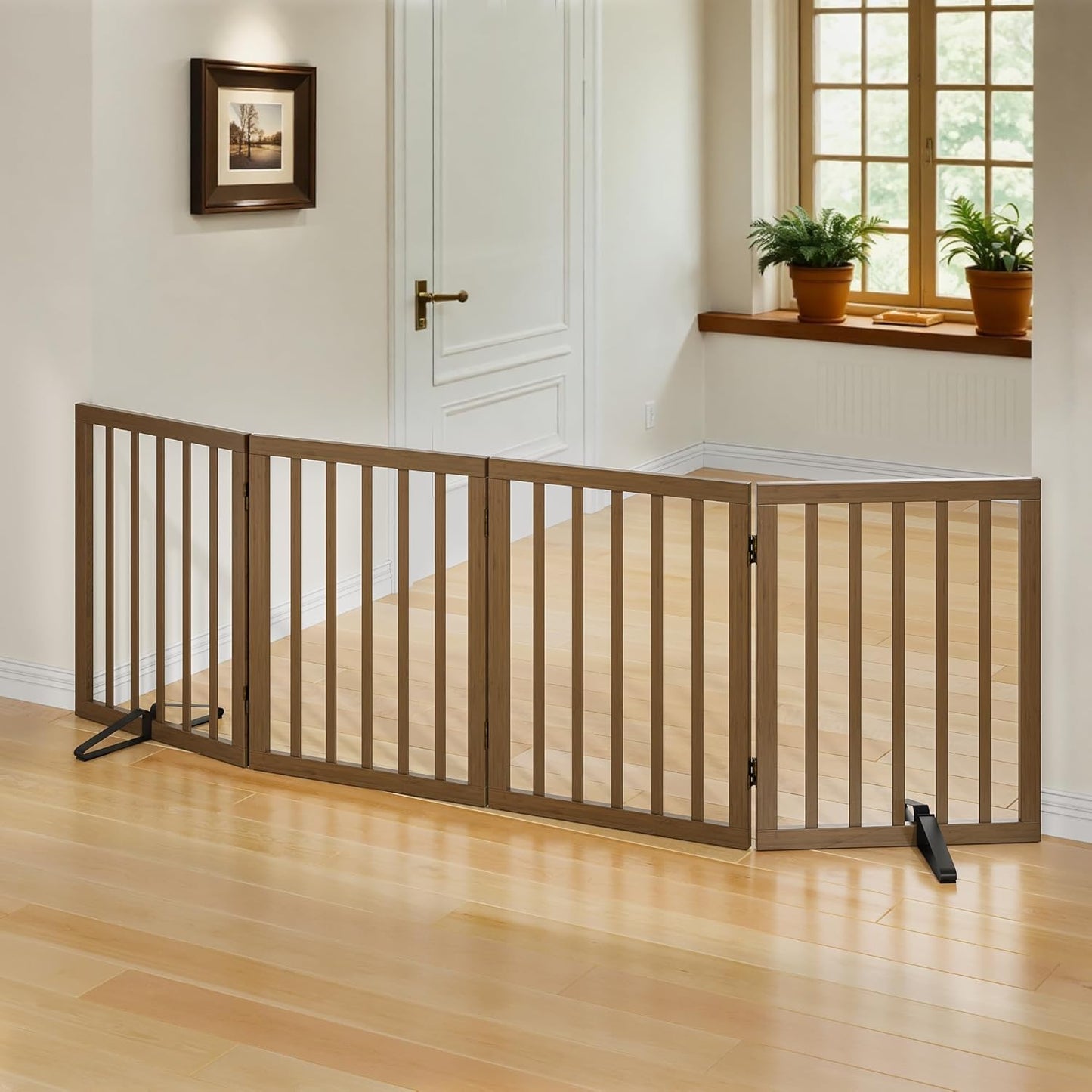 Dog Gates for Doorways Stairs, Foldable Freestanding Pet Gate, Dog Fences Indoor, Bamboo Dog Gates (Natural, 18-55" Wide)
