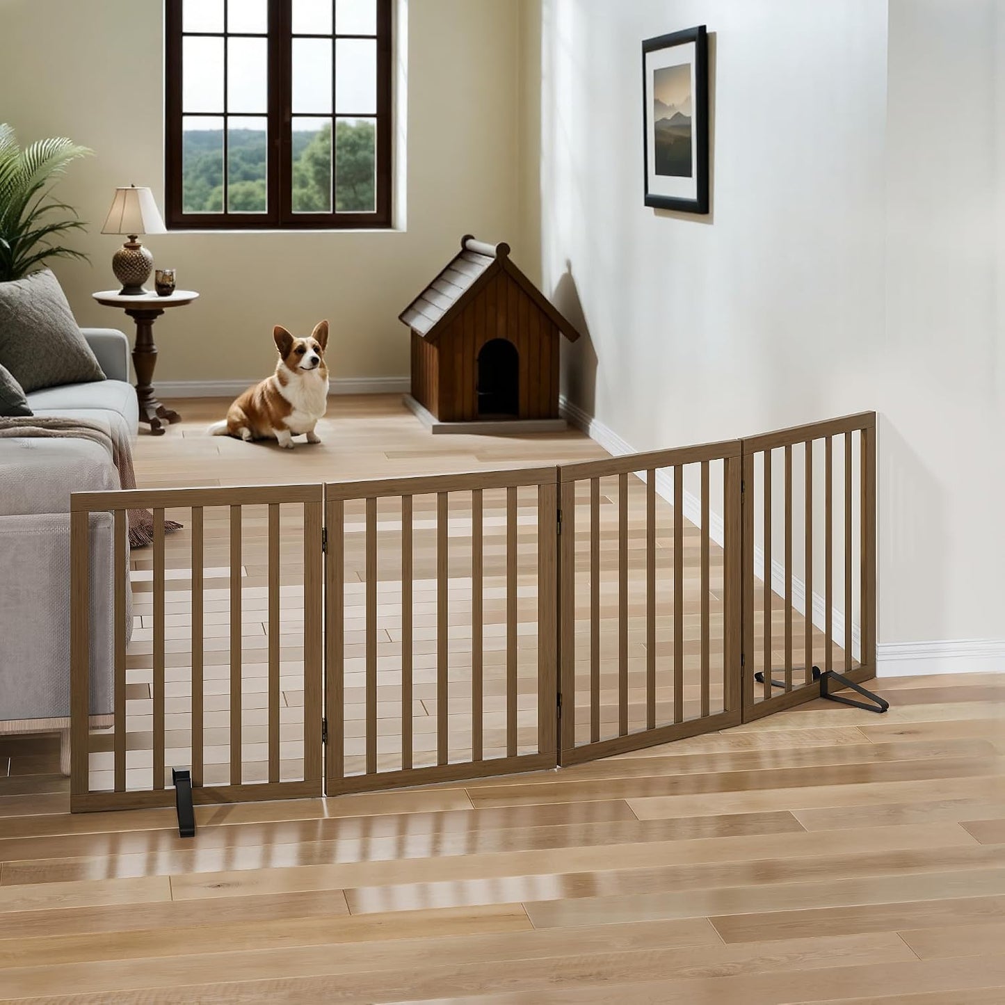 Dog Gates for Doorways Stairs, Foldable Freestanding Pet Gate, Dog Fences Indoor, Bamboo Dog Gates (Natural, 18-55" Wide)