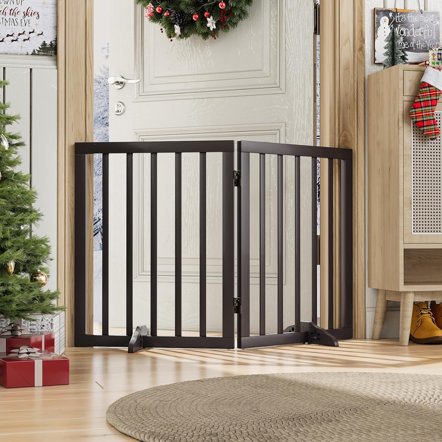 Dog Gates for Doorways Stairs, Foldable Freestanding Pet Gate, Dog Fences Indoor, Bamboo Dog Gates (Natural, 18-55" Wide)