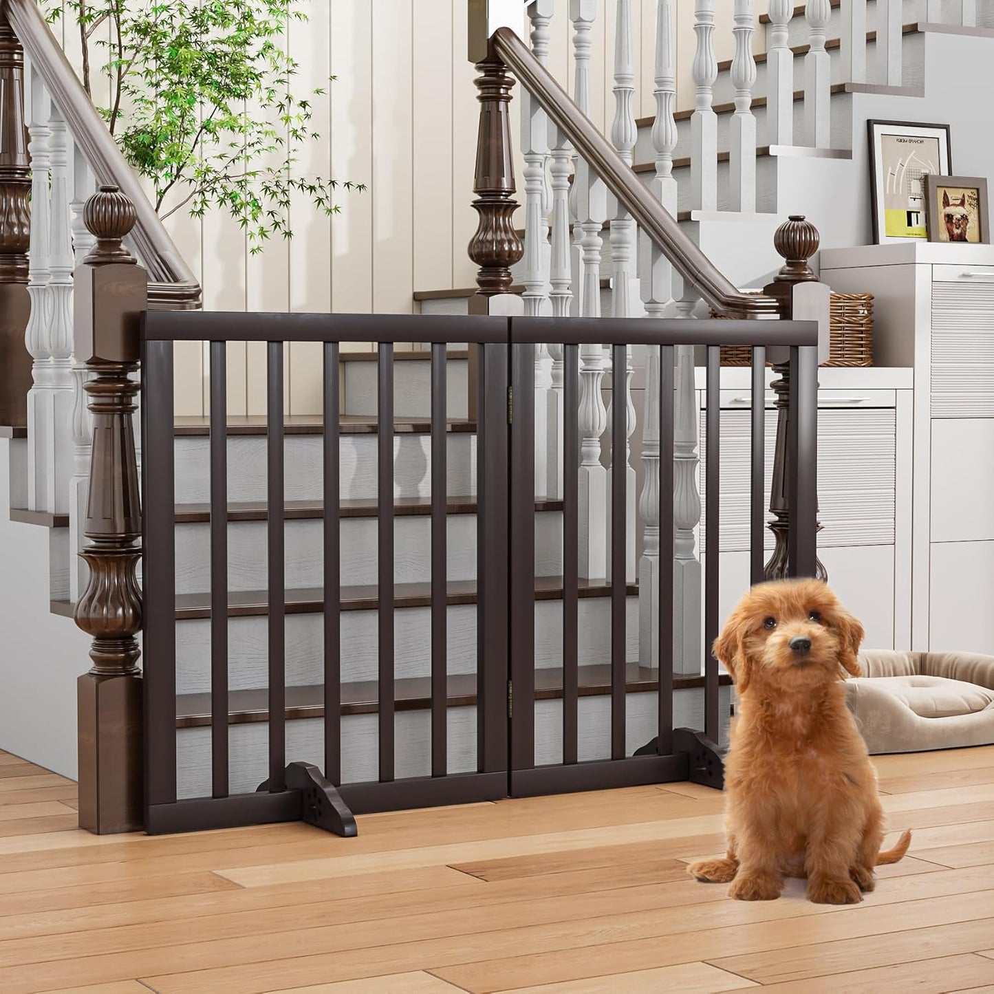 Dog Gates for Doorways Stairs, Foldable Freestanding Pet Gate, Dog Fences Indoor, Bamboo Dog Gates (Natural, 18-55" Wide)