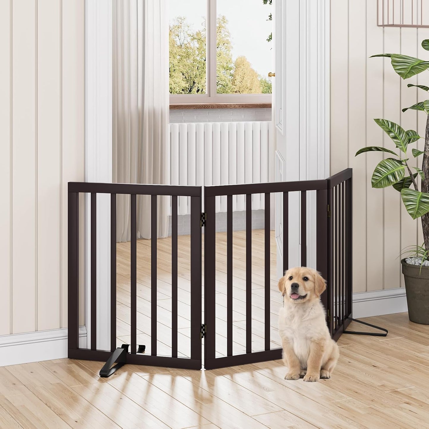 Dog Gates for Doorways Stairs, Foldable Freestanding Pet Gate, Dog Fences Indoor, Bamboo Dog Gates (Natural, 18-55" Wide)