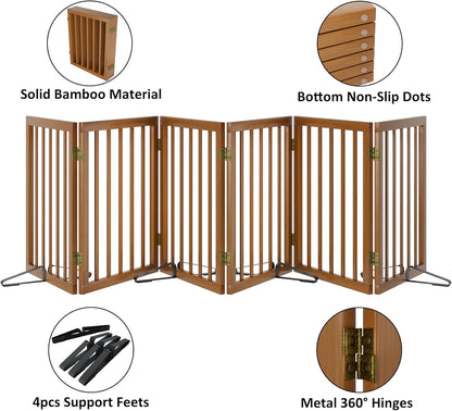 Dog Gates for Doorways Stairs, Foldable Freestanding Pet Gate, Dog Fences Indoor, Bamboo Dog Gates (Natural, 18-55" Wide)