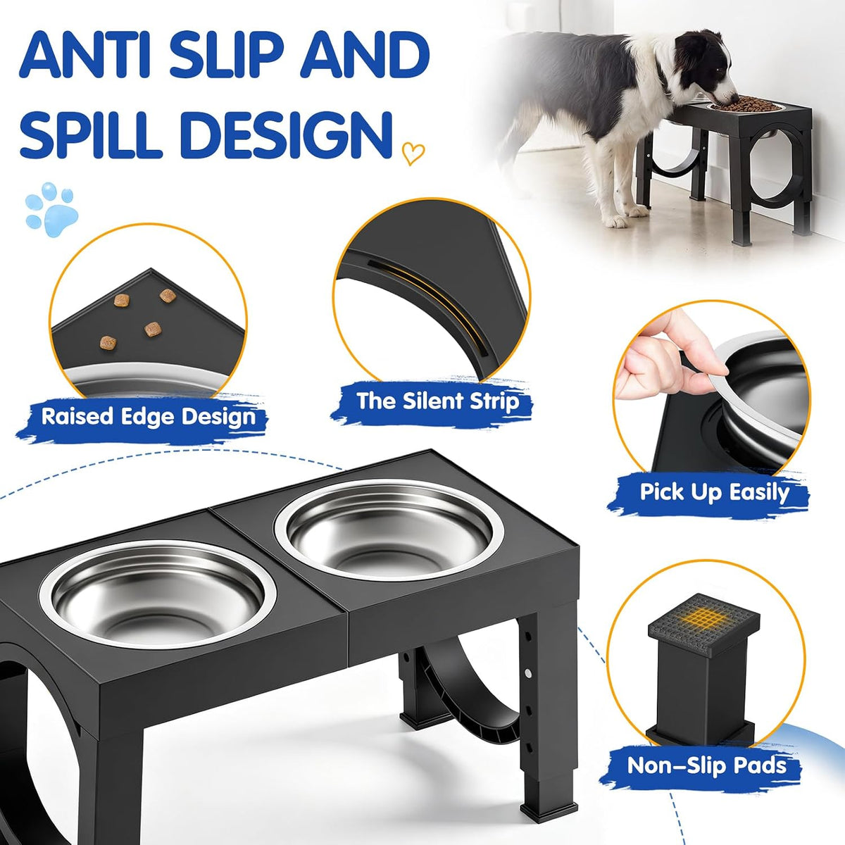 XIAZ Elevated Dog Bowls Large Breed Raised Dogs Bowl Stand Large/Medium Sized Dog Slow Feeder Dogs Bowls Food Water Stands 5 Heights Adjustable 9/11/12/14in Pet Feeder Dish Station